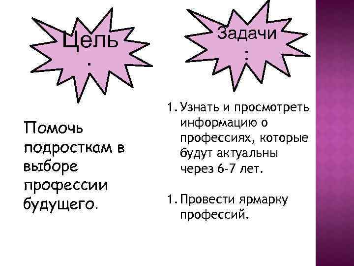 Цель : Задачи : : Помочь подросткам в выборе профессии будущего. 1. Узнать и