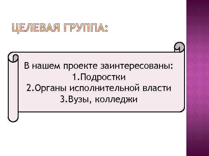 В нашем проекте заинтересованы: 1. Подростки 2. Органы исполнительной власти 3. Вузы, колледжи 