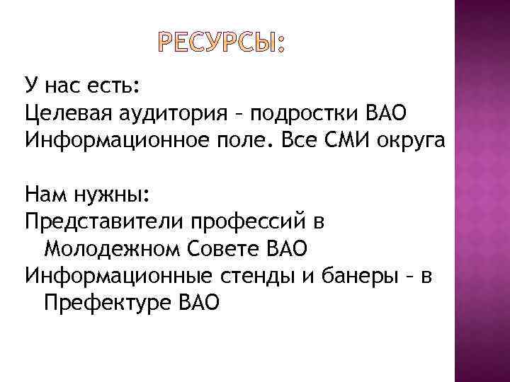 У нас есть: Целевая аудитория – подростки ВАО Информационное поле. Все СМИ округа Нам