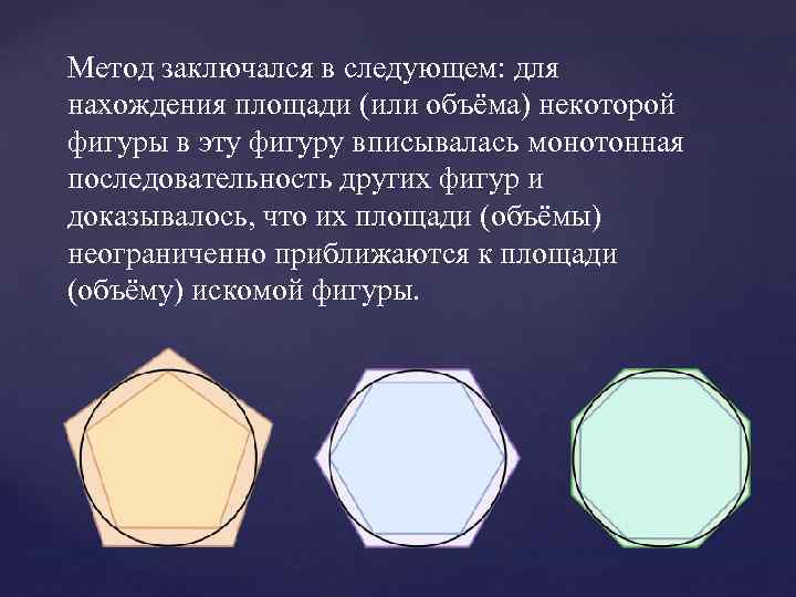 Метод заключался в следующем: для нахождения площади (или объёма) некоторой фигуры в эту фигуру