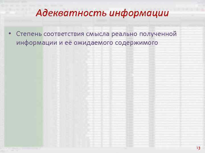 Адекватность информации • Степень соответствия смысла реально полученной информации и её ожидаемого содержимого 13