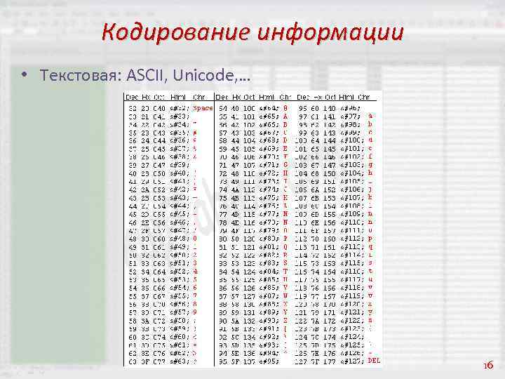 Кодирование информации • Текстовая: ASCII, Unicode, … 16 