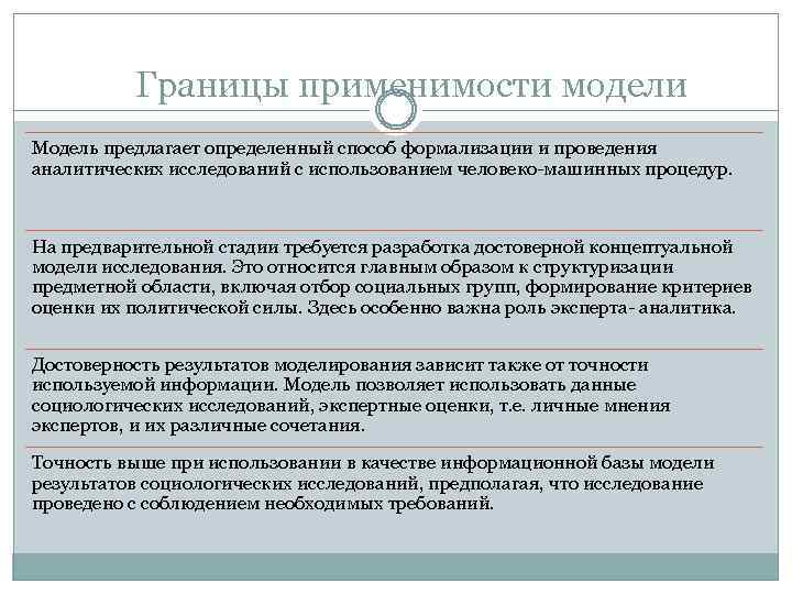 Границы применимости модели Модель предлагает определенный способ формализации и проведения аналитических исследований с использованием
