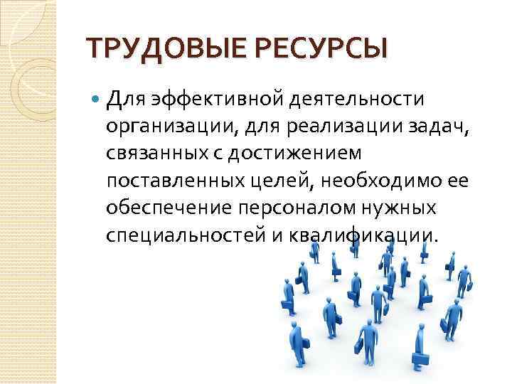 ТРУДОВЫЕ РЕСУРСЫ Для эффективной деятельности организации, для реализации задач, связанных с достижением поставленных целей,