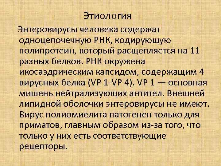  Этиология Энтеровирусы человека содержат одноцепочечную РНК, кодирующую полипротеин, который расщепляется на 11 разных