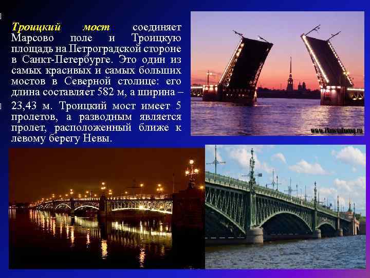  Троицкий мост соединяет Марсово поле и Троицкую площадь на Петроградской стороне в Санкт-Петербурге.