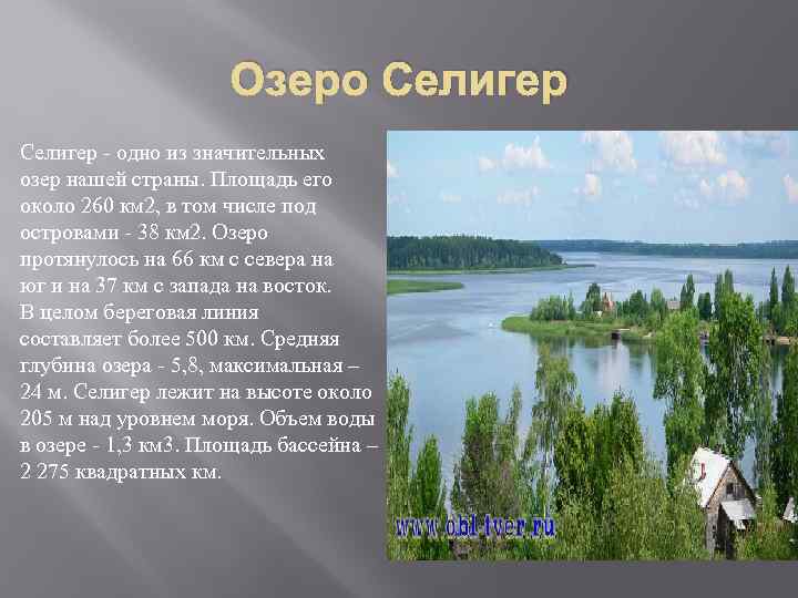 Озеро Селигер - одно из значительных озер нашей страны. Площадь его около 260 км