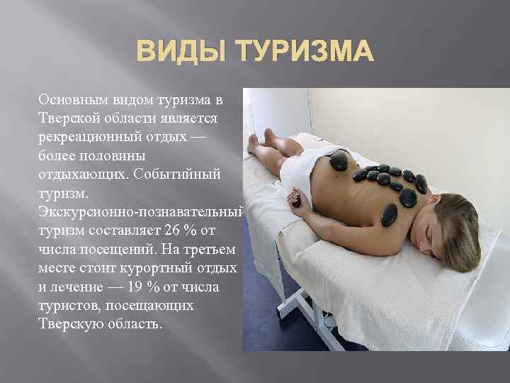 ВИДЫ ТУРИЗМА Основным видом туризма в Тверской области является рекреационный отдых — более половины