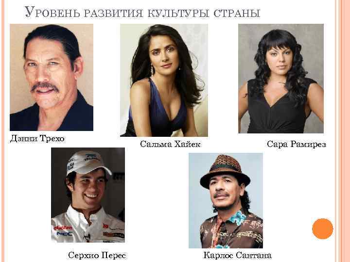 УРОВЕНЬ РАЗВИТИЯ КУЛЬТУРЫ СТРАНЫ Дэнни Трехо Сальма Хайек Серхио Перес Сара Рамирез Карлос Сантана