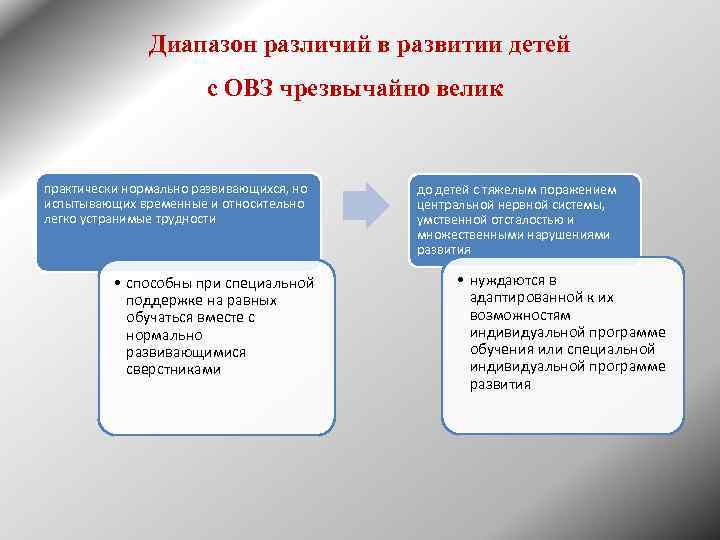 Диапазон различий в развитии детей с ОВЗ чрезвычайно велик практически нормально развивающихся, но испытывающих