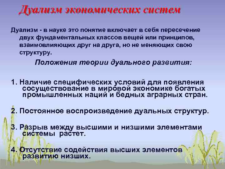 Дуализм экономических систем Дуализм - в науке это понятие включает в себя пересечение двух