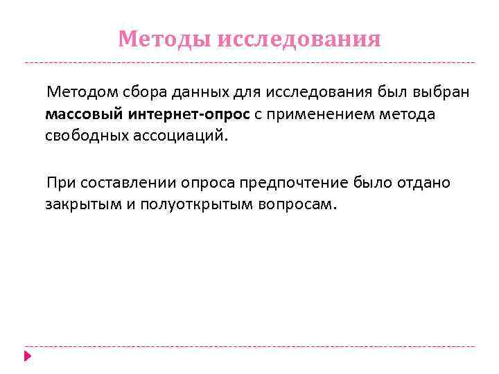 Методы исследования Методом сбора данных для исследования был выбран массовый интернет-опрос с применением метода