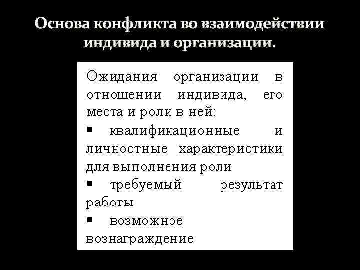 Основа конфликта во взаимодействии индивида и организации. 