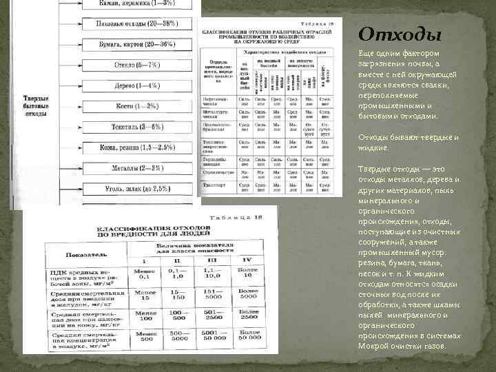 Отходы Еще одним фактором загрязнения почвы, а вместе с ней окружающей среды являются свалки,