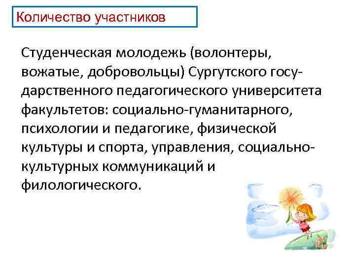 Количество участников Студенческая молодежь (волонтеры, вожатые, добровольцы) Сургутского государственного педагогического университета факультетов: социально-гуманитарного, психологии