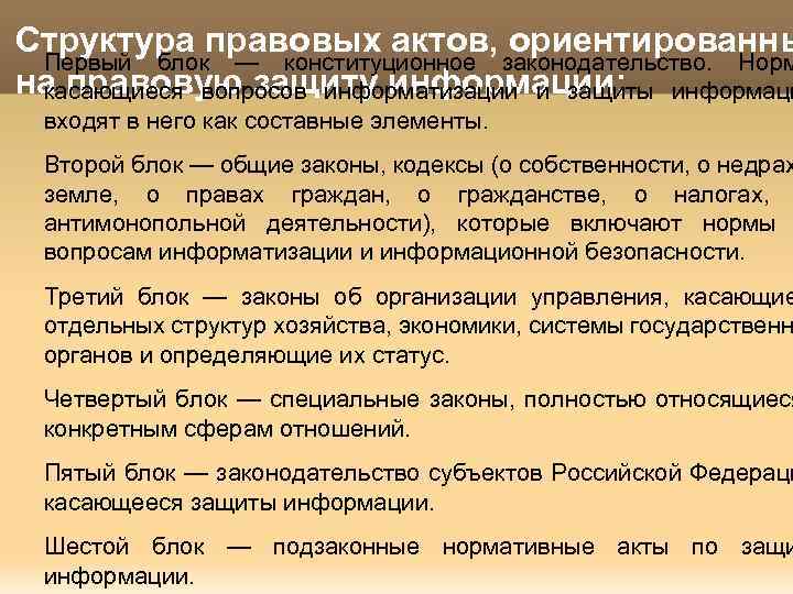 Структура правовых актов, ориентированны Первый блок — конституционное законодательство. Норм на правовую защиту информации: