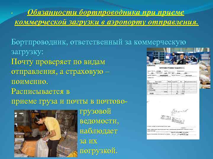 . Обязанности бортпроводника приеме коммерческой загрузки в аэропорту отправления. Бортпроводник, ответственный за коммерческую загрузку: