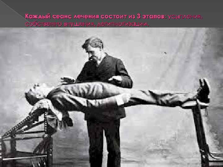 Каждый сеанс лечения состоит из 3 этапов: усыпления, собственно внушения, дегипнотизации. 