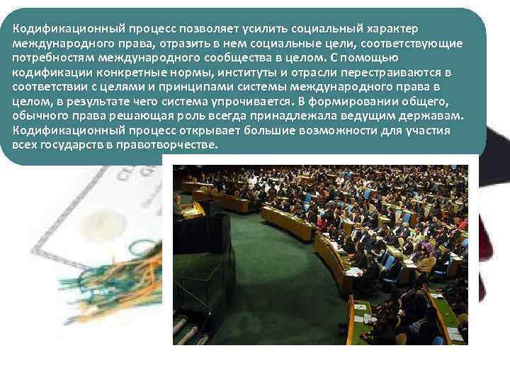 Кодификационный процесс позволяет усилить социальный характер международного права, отразить в нем социальные цели, соответствующие