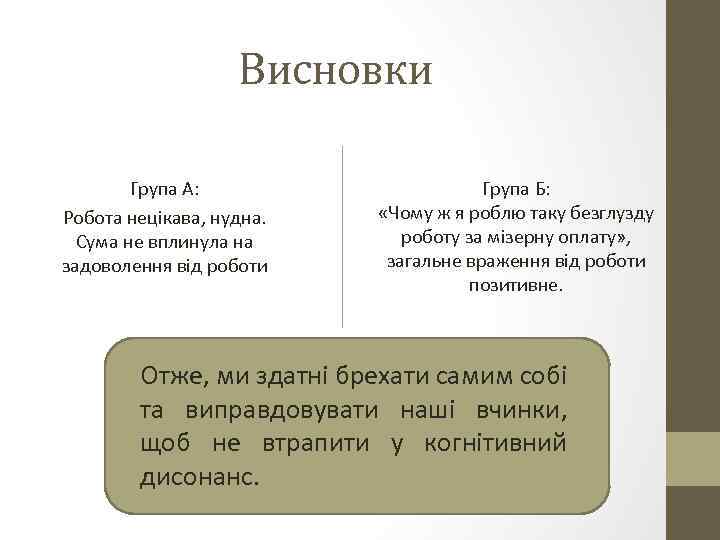 Висновки Група А: Робота нецікава, нудна. Сума не вплинула на задоволення від роботи Група