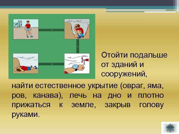 Отойти подальше от зданий и сооружений, найти естественное укрытие (овраг, яма, ров, канава), лечь