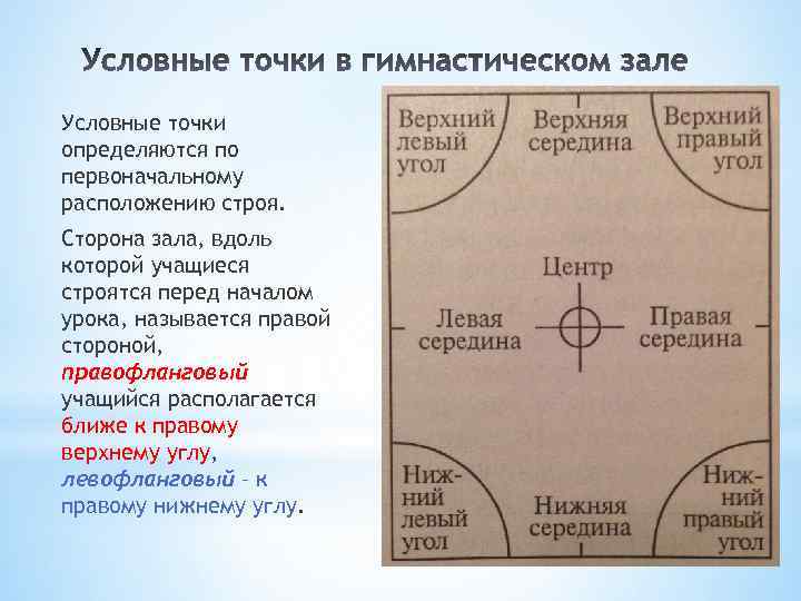 Условные точки определяются по первоначальному расположению строя. Сторона зала, вдоль которой учащиеся строятся перед