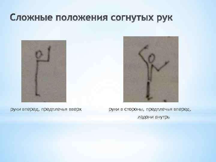 руки вперед, предплечья вверх руки в стороны, предплечья вперед, ладони внутрь 