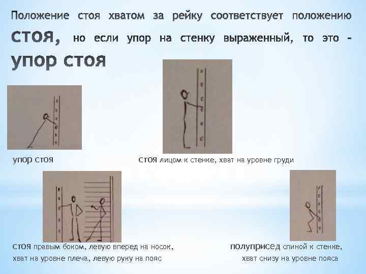 упор стоя лицом к стенке, хват на уровне груди стоя правым боком, левую вперед