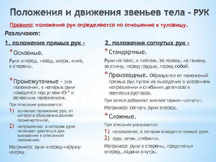 Правило: положения рук определяются по отношению к туловищу. * Основные. * Стандартные. Руки вперед,