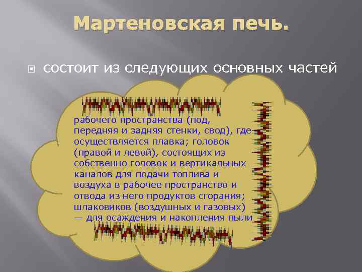 Мартеновская печь. состоит из следующих основных частей рабочего пространства (под, передняя и задняя стенки,