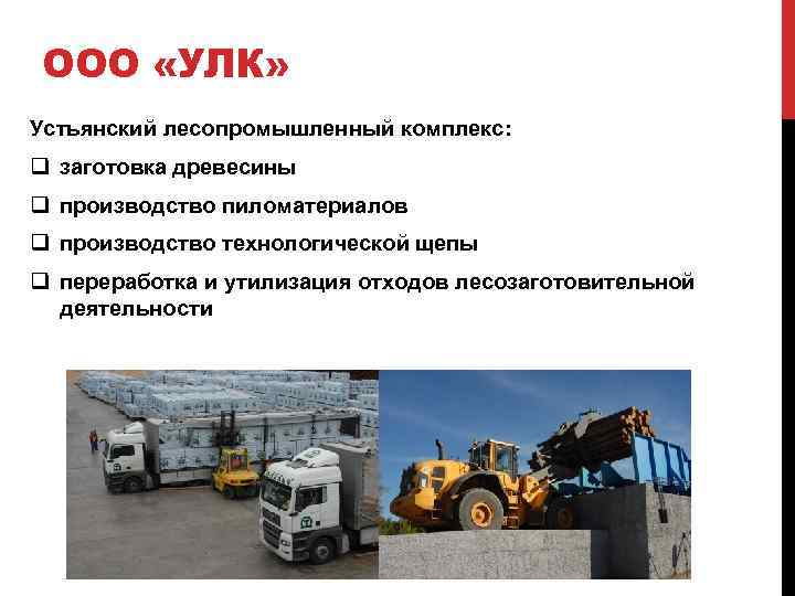 ООО «УЛК» Устьянский лесопромышленный комплекс: q заготовка древесины q производство пиломатериалов q производство технологической