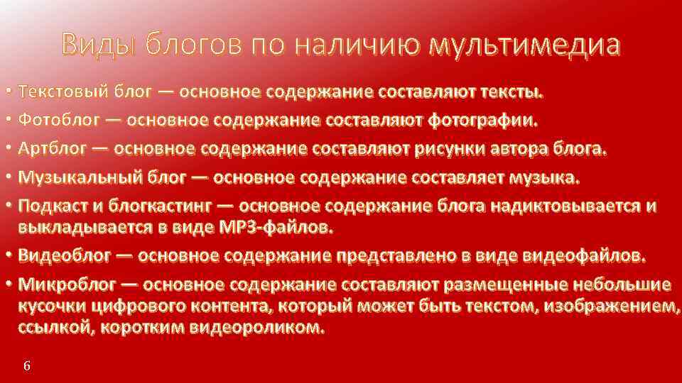 Виды блогов по наличию мультимедиа • Текстовый блог — основное содержание составляют тексты. •