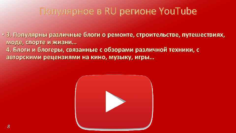 Популярное в RU регионе You. Tube • 3. Популярны различные блоги о ремонте, строительстве,