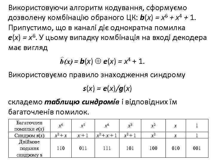 Використовуючи алгоритм кодування, сформуємо дозволену комбінацію обраного ЦК: b(x) = x 6 + x