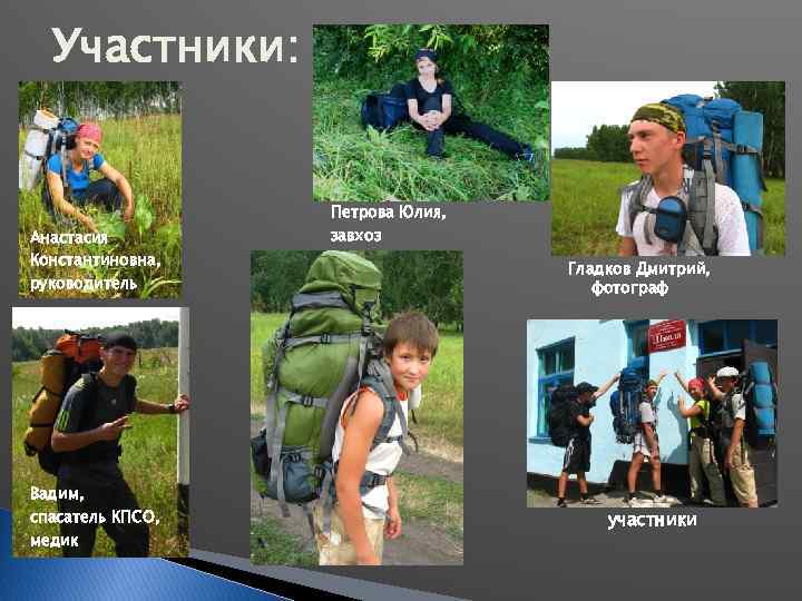 Участники: Анастасия Константиновна, руководитель Вадим, спасатель КПСО, медик Петрова Юлия, завхоз Гладков Дмитрий, фотограф