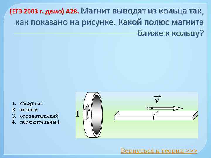 Северный полюс магнита удаляется от металлического кольца как показано на рисунке определите