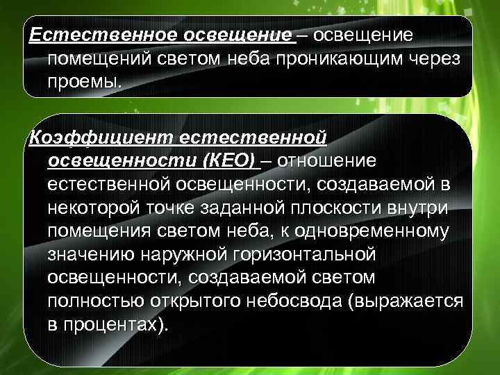 Естественное освещение – освещение помещений светом неба проникающим через проемы. Коэффициент естественной освещенности (КЕО)