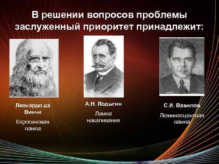 В решении вопросов проблемы заслуженный приоритет принадлежит: Леонардо да Винчи Керосиновая лампа А. Н.