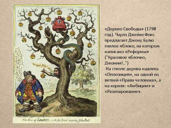  «Дерево Свободы» (1798 год). Чарлз Джеймс. Фокс предлагает Джону Булю гнилое яблоко, на