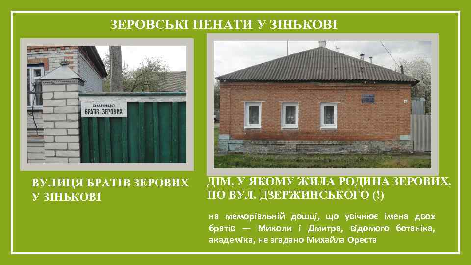 ЗЕРОВСЬКІ ПЕНАТИ У ЗІНЬКОВІ ВУЛИЦЯ БРАТІВ ЗЕРОВИХ У ЗІНЬКОВІ ДІМ, У ЯКОМУ ЖИЛА РОДИНА