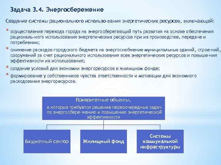 Задача 3. 4. Энергосбережение Создание системы рационального использо вания энергетических ресурсов, включающей: * осуществление