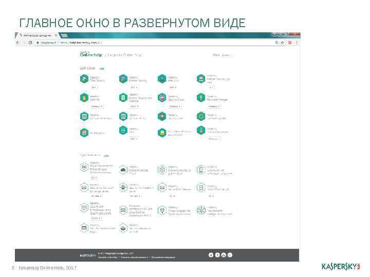 ГЛАВНОЕ ОКНО В РАЗВЕРНУТОМ ВИДЕ 5 Kaspersky Online Help, 2017 