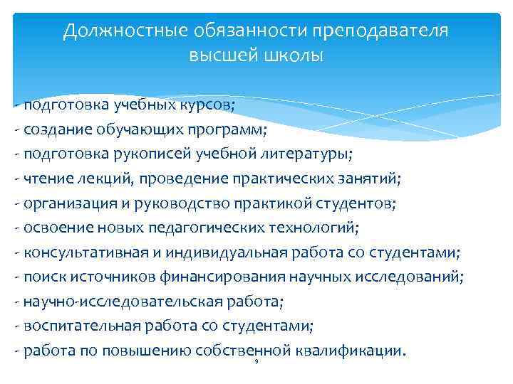 Должностные обязанности преподавателя высшей школы подготовка учебных курсов; создание обучающих программ; подготовка рукописей учебной