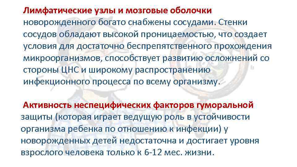Лимфатические узлы и мозговые оболочки новорожденного богато снабжены сосудами. Стенки сосудов обладают высокой проницаемостью,