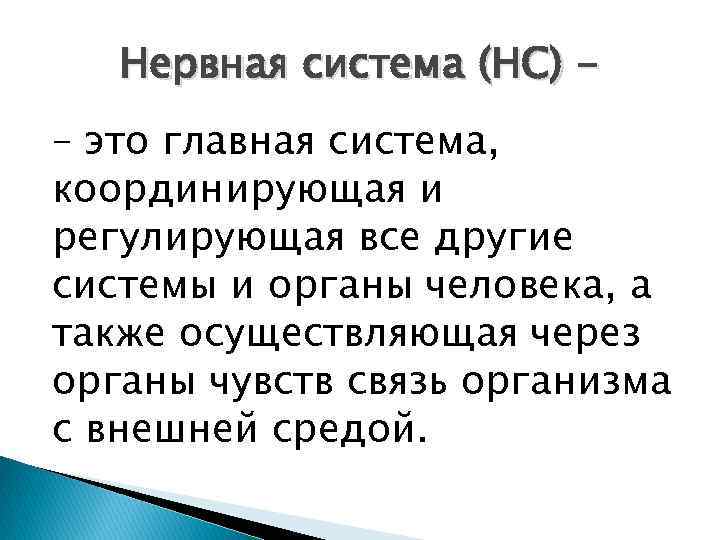 Нервная система (НС) – это главная система, координирующая и регулирующая все другие системы и