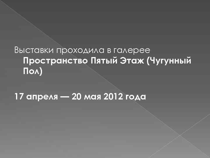 Выставки проходила в галерее Пространство Пятый Этаж (Чугунный Пол) 17 апреля — 20 мая