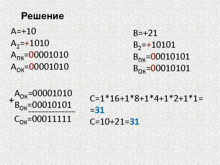 Решение A=+10 A 2=+1010 AПК=00001010 AОК=00001010 +B =00010101 ОК -------CОК=00011111 B=+21 B 2=+10101 BПК=00010101