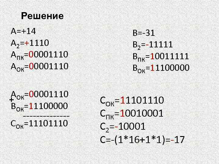 Решение A=+14 A 2=+1110 AПК=00001110 AОК=00001110 + BОК=11100000 ------- CОК=1110 B=-31 B 2=-11111 BПК=10011111