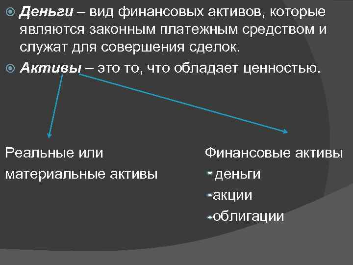 Деньги – вид финансовых активов, которые являются законным платежным средством и служат для совершения