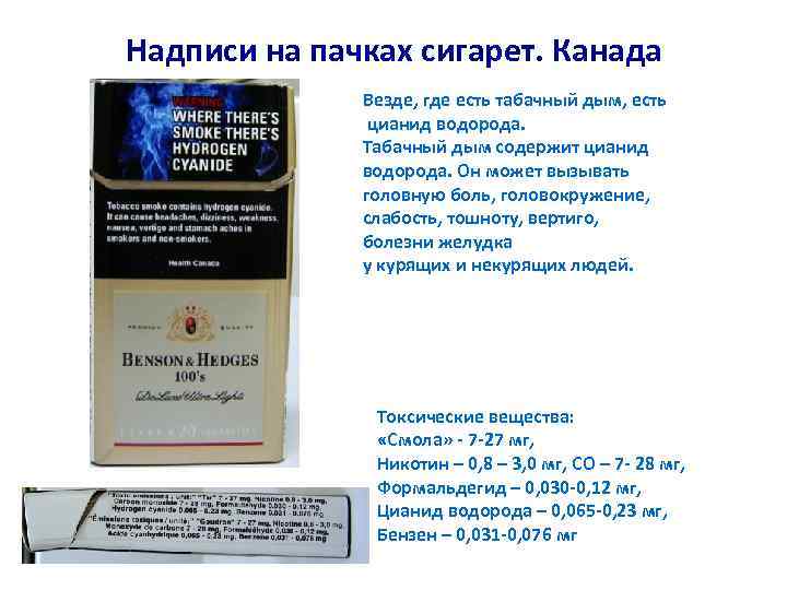 Надписи на пачках сигарет. Канада Везде, где есть табачный дым, есть цианид водорода. Табачный